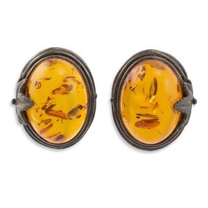 Vintage Baltic Amber Sterling Silver Clip On Earrings Leaf Design